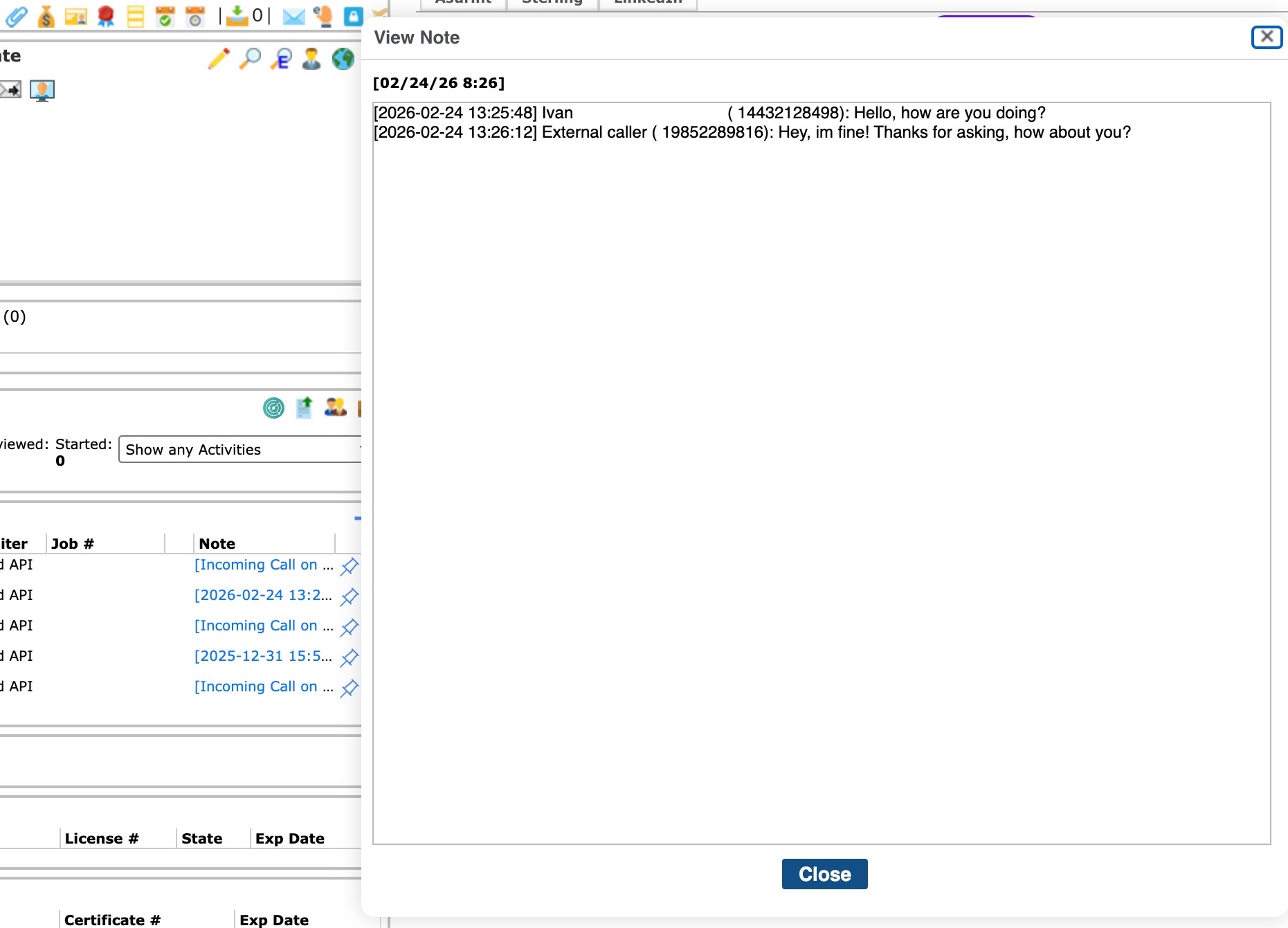 Example of SMS logging in Jobdiva.