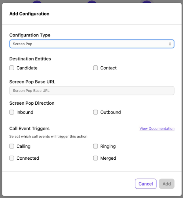 View of the screen pop settings window.