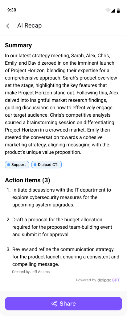 AI Recap for Meeting Mobile with Summary, action items, and share options.