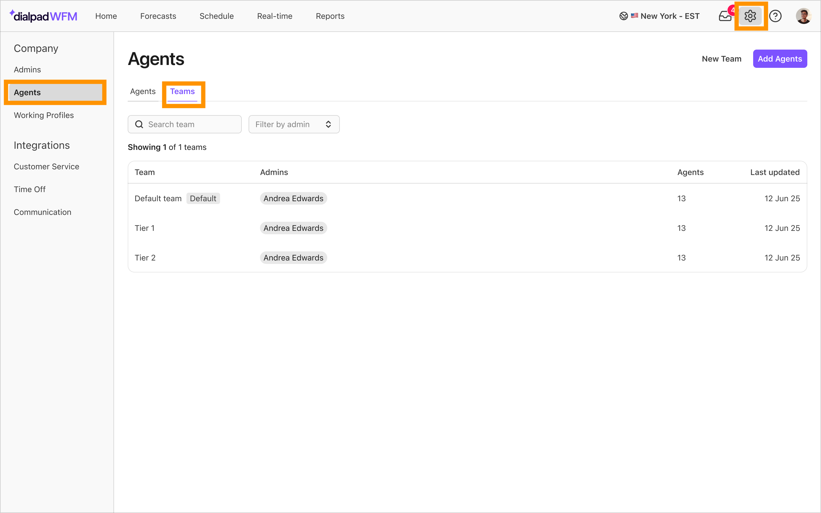 Select the Teams tab on the Agent page