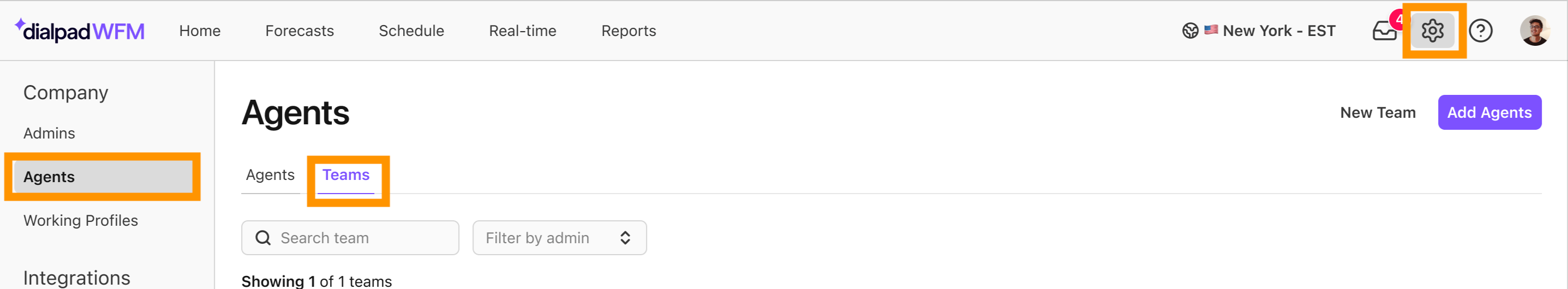 Select the Teams tab on the Agent page