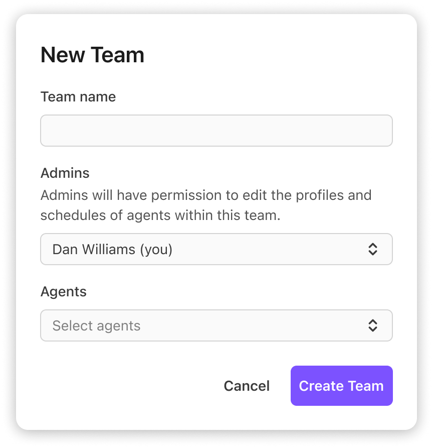 Enter the details of the team to create it