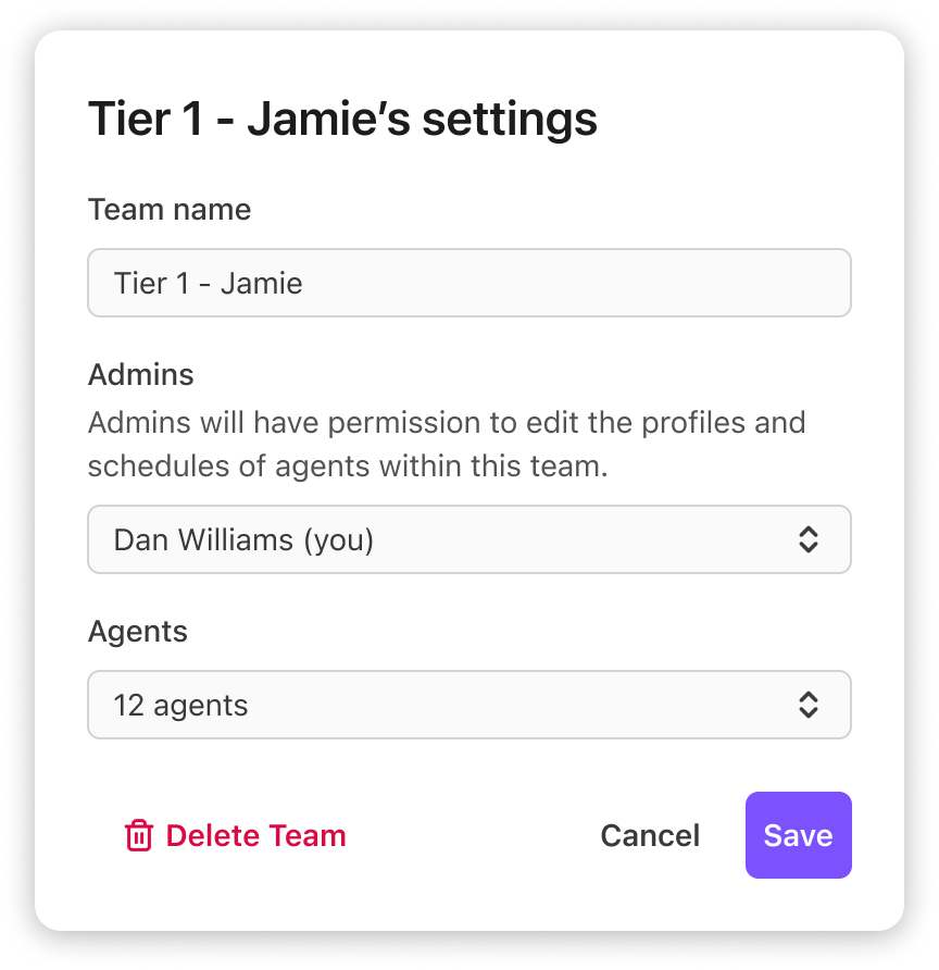 Screenshot of the Dialpad WFM team settings modal modal dialog titled "Tier 1 - Jamie's settings", featuring editable text fields for Team name, Admins dropdown, and Agents selection dropdown, alongside a Delete Team button and Save action button.