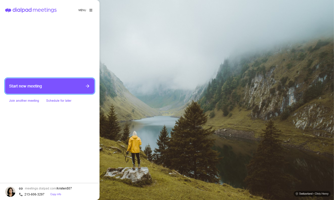 Screenshot of Dialpad Meetings start meeting screen.