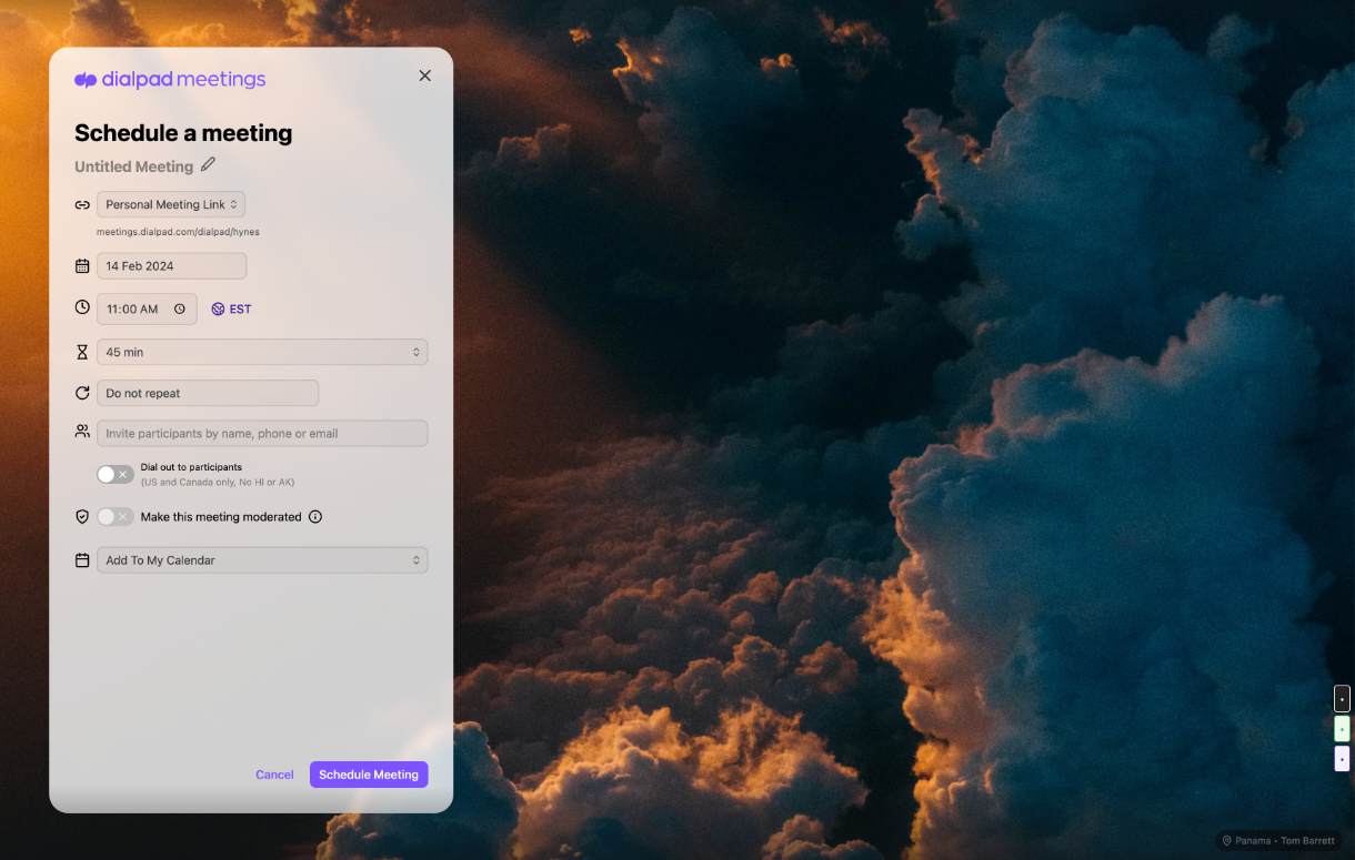 Screenshot of Dialpad Meetings schedule a meeting screen.