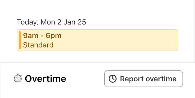 An unscheduled shift schedule view displaying a Report Overtime button.