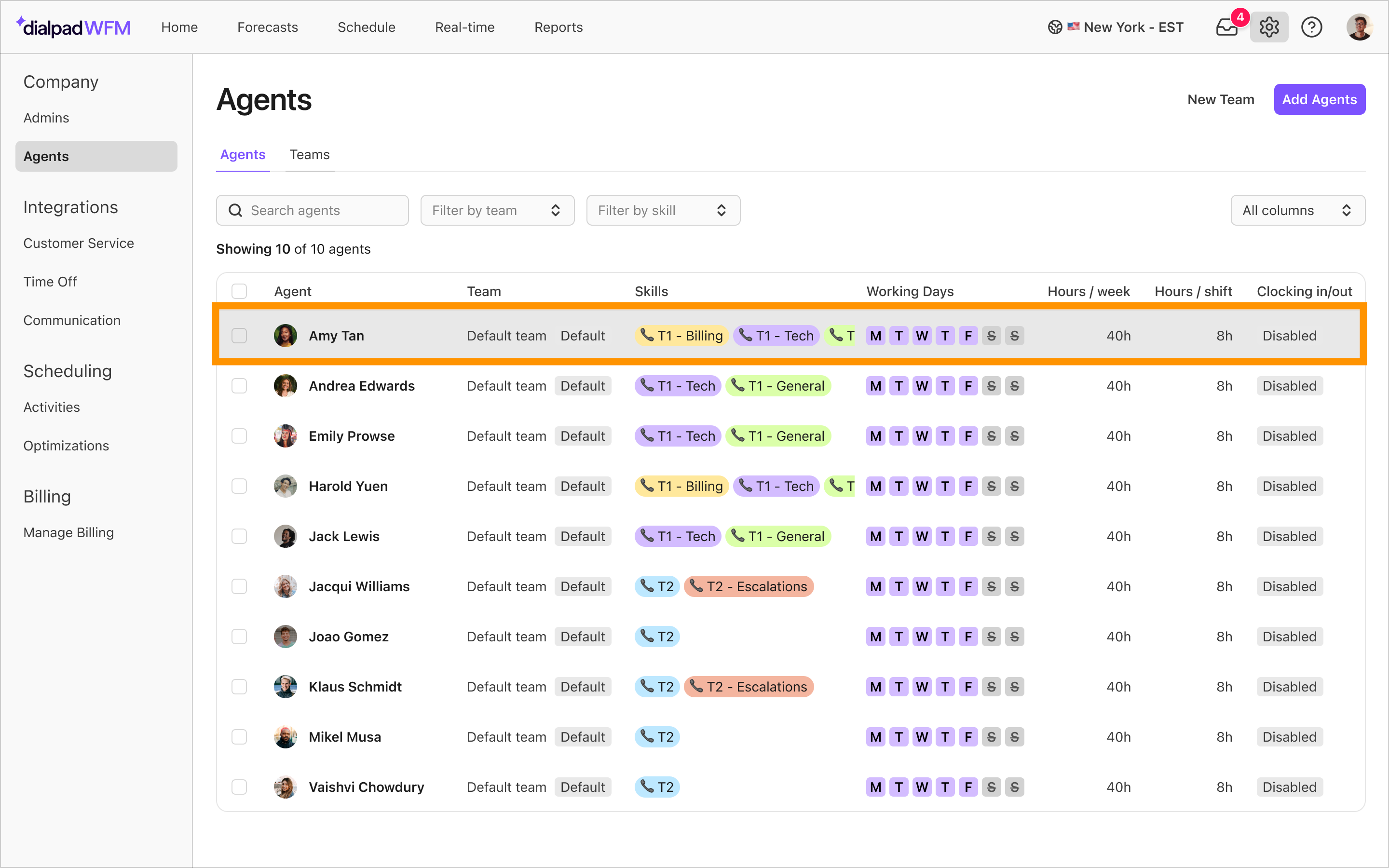 Select anywhere on an agent's row to edit their settings