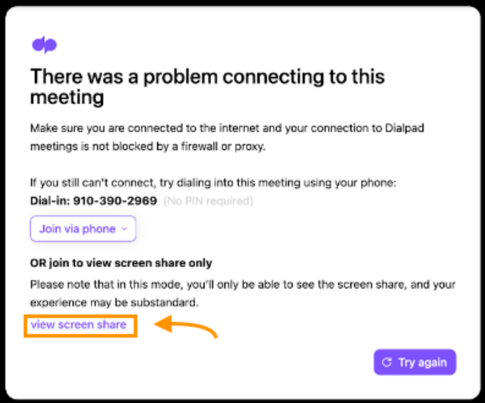 Screenshot of Meeting error message when connecting.