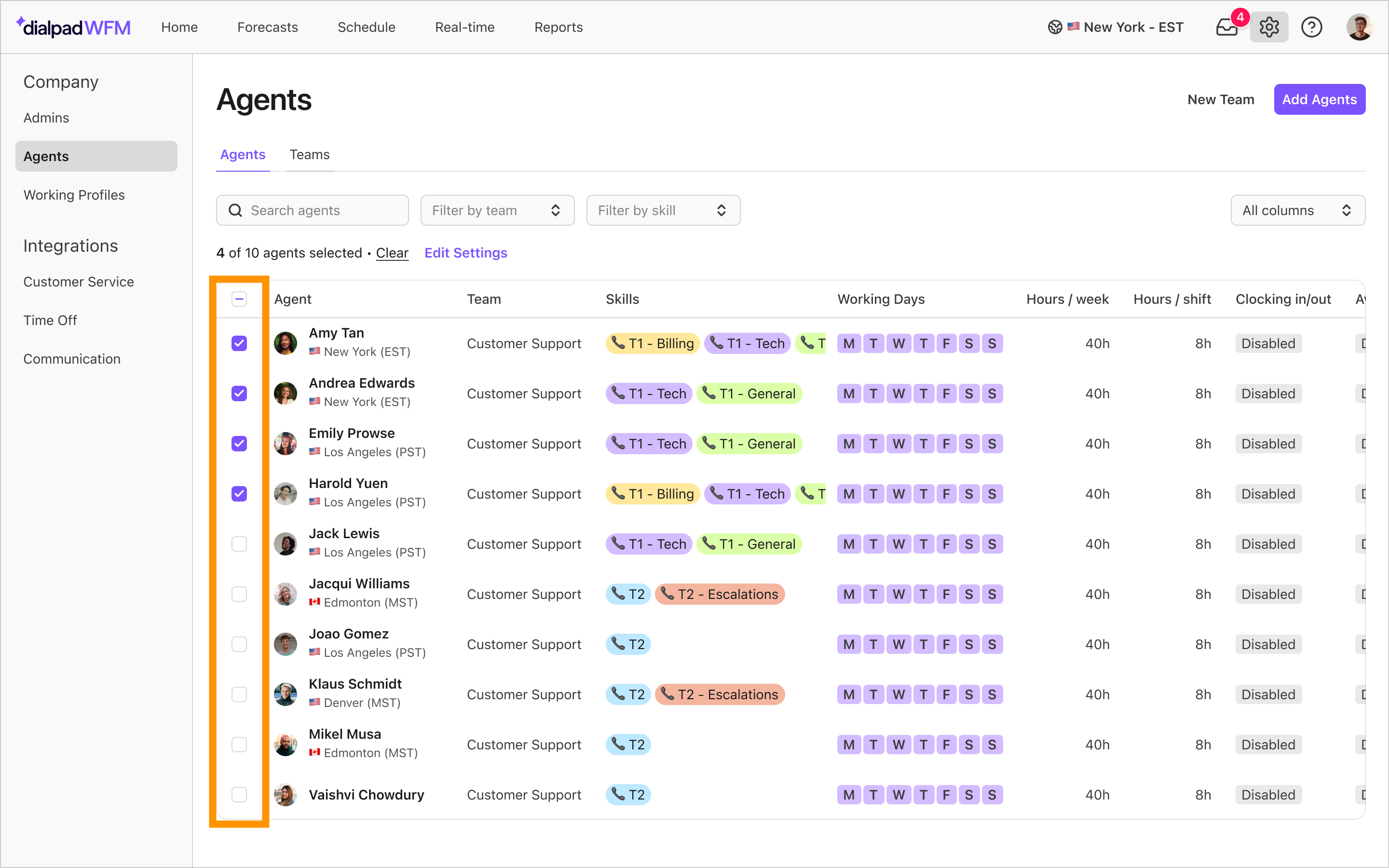 Select checkboxes next to agents to bulk select them