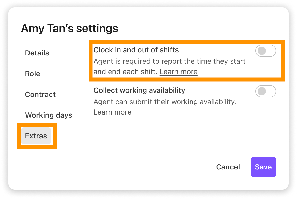 Settings modal showing the Extras tab selected and an orange outline around the disabled Clock in and out of shifts toggle switch.