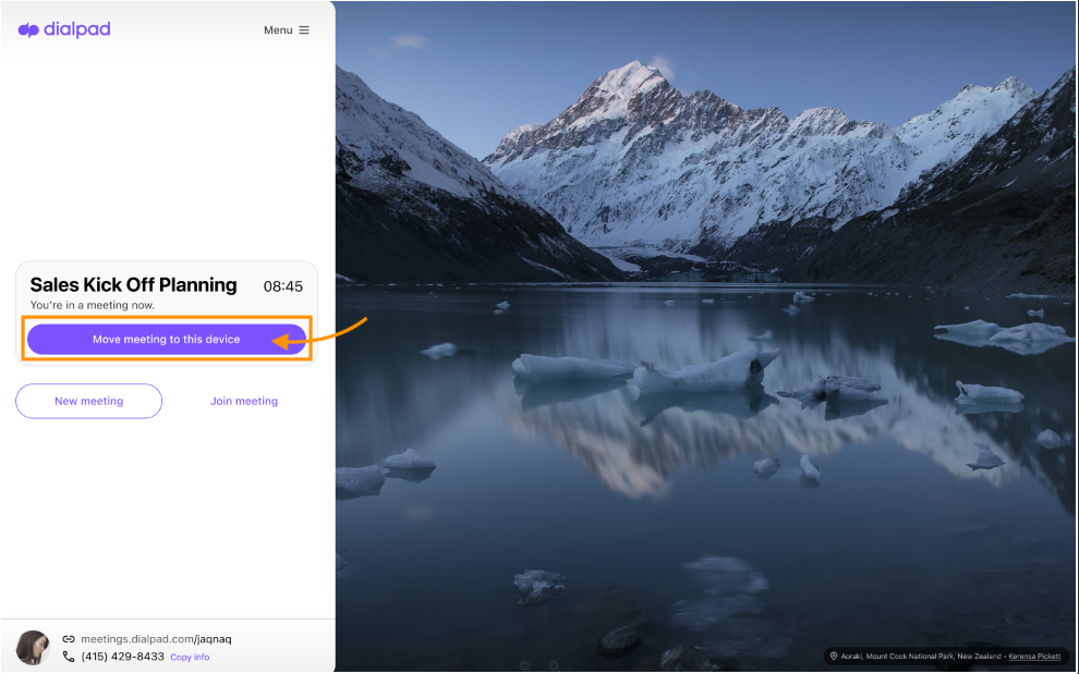 Screenshot of DIalpad Meeting with Move meeting to this device button highlighted.