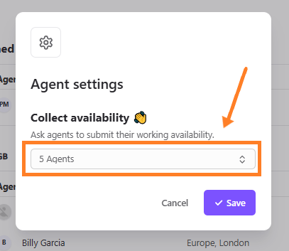 Agent settings pop-up with an orange box and arrow pointing to the agent selection drop-down menu.