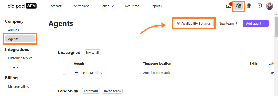 Navigation menu and Agents page with orange boxes highlighting the gear icon, the Agents menu option, and the Availability Settings button.