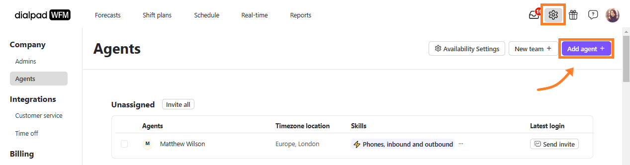 Agents page in Dialpad WFM with orange boxes highlighting the gear icon and the Add agent button.