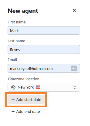 New agent form with an orange box highlighting the Add start date button.