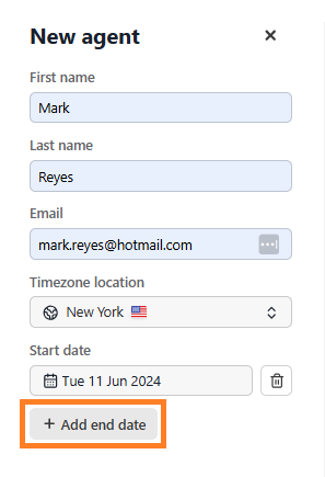 New agent form with an orange box highlighting the Add end date button.
