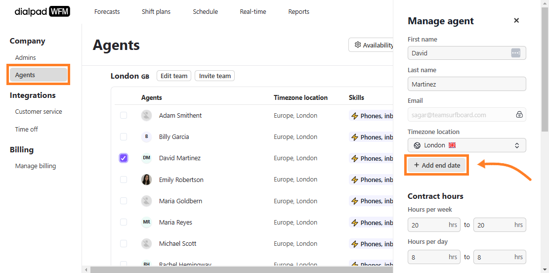 Agents table with an orange box around the Agents tab in the menu, and an orange arrow pointing to the Add end date button in the Manage agent side panel.