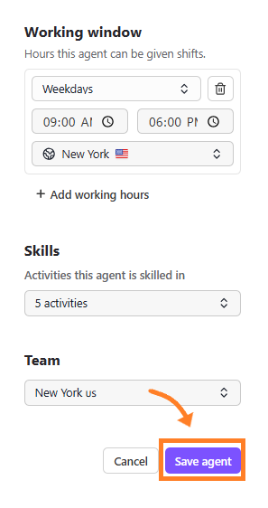 Agent setup panel with the Team selection drop-down menu and an orange arrow pointing to a highlighted Save agent button.