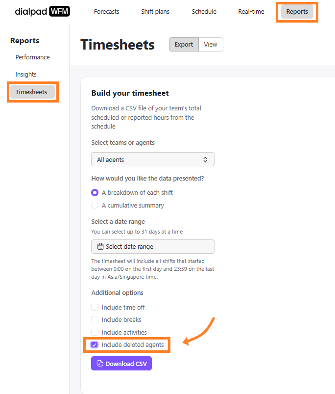 Timesheets export page with orange boxes highlighting the Reports tab, Timesheets menu option, and the selected Include deleted agents checkbox.