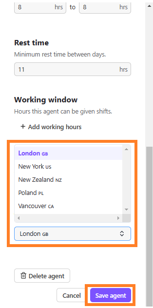 Side panel with orange boxes highlighting the open Team drop-down menu options and the Save agent button.