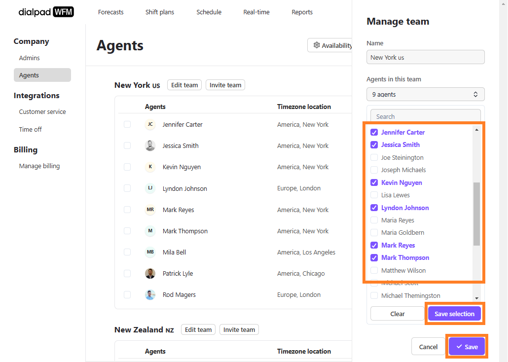 Manage team side panel with orange boxes highlighting selected agent checkboxes, the Save selection button, and the Save button.