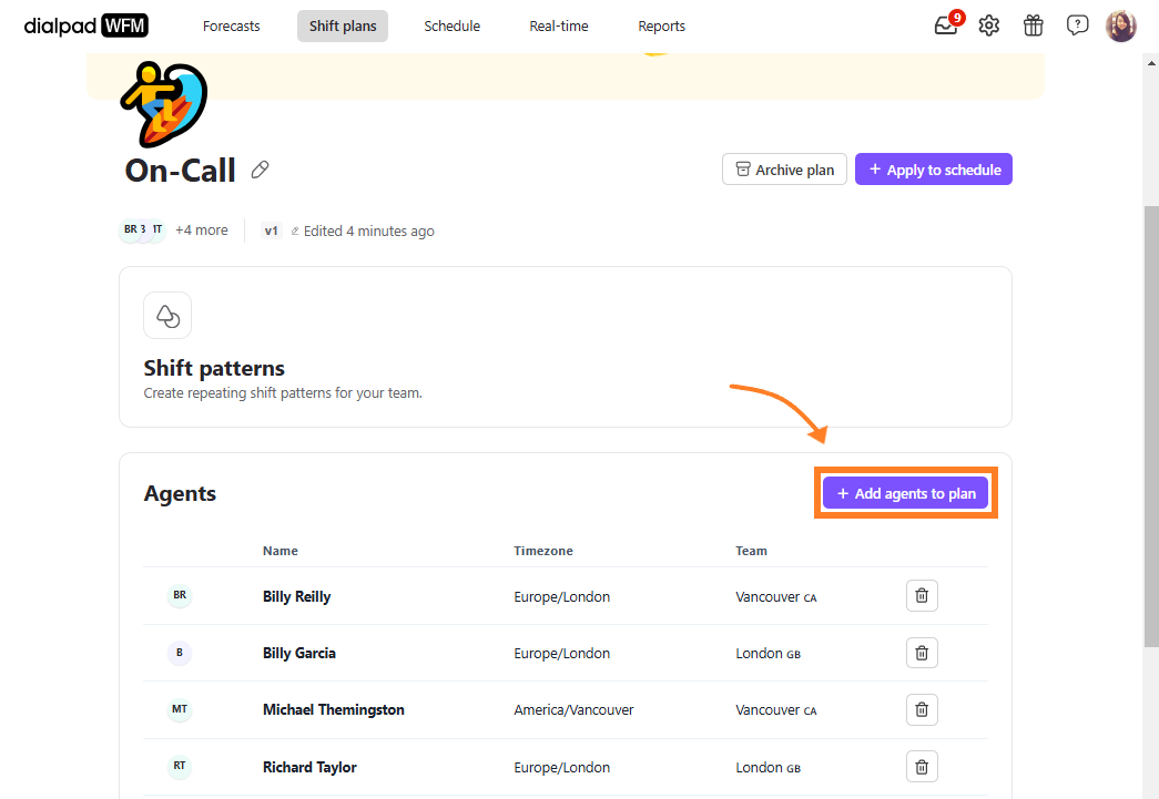 Shift plan view with an orange arrow and box highlighting the Add agents to plan button under the Agents section.
