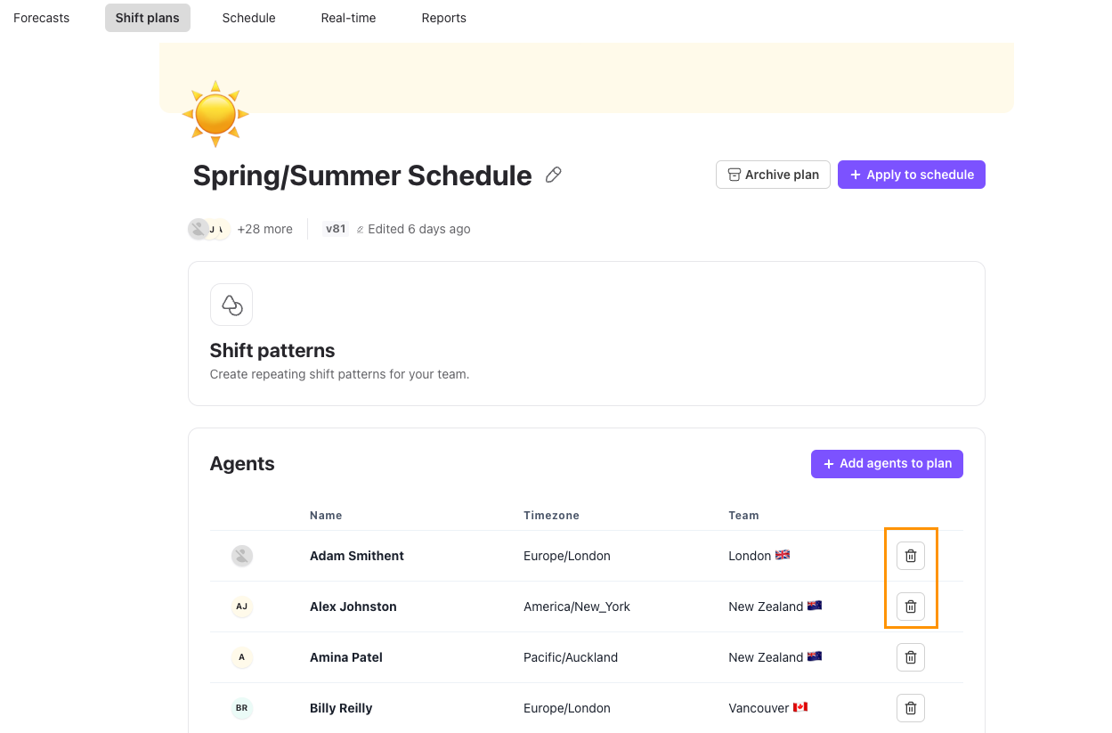 Shift plan page with an orange box highlighting trash can icons next to listed agents under the Agents section.