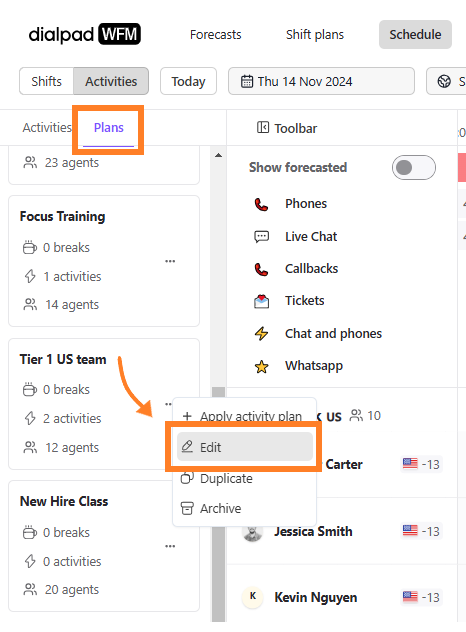 Schedule page with orange boxes highlighting the Plans tab and the Edit option from a three-dot menu on an activity plan card.