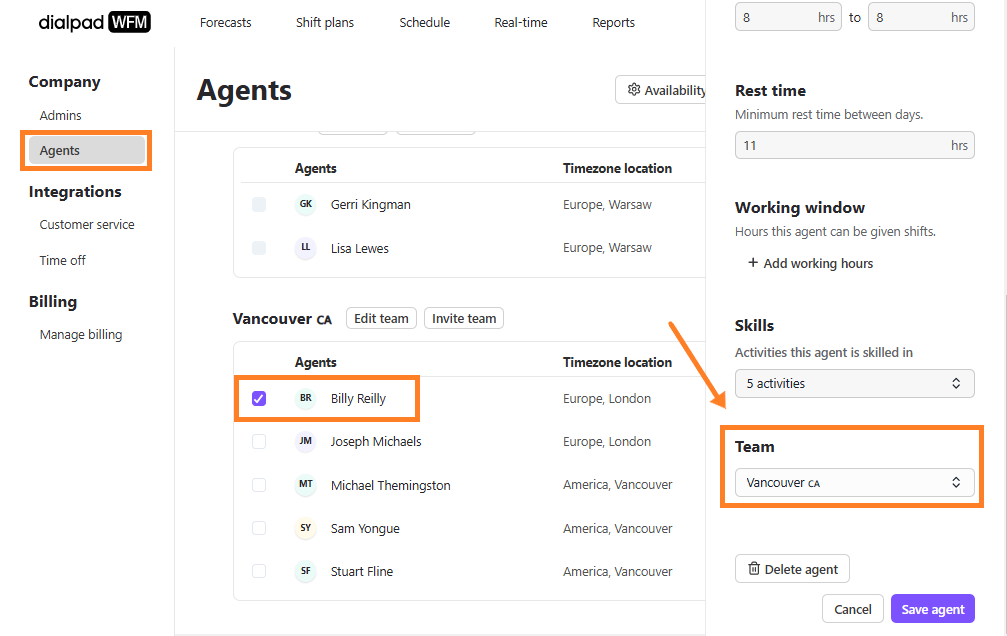 Agents list page with orange boxes highlighting the selected Agents tab, a selected agent, and the Team drop-down menu in the side panel.