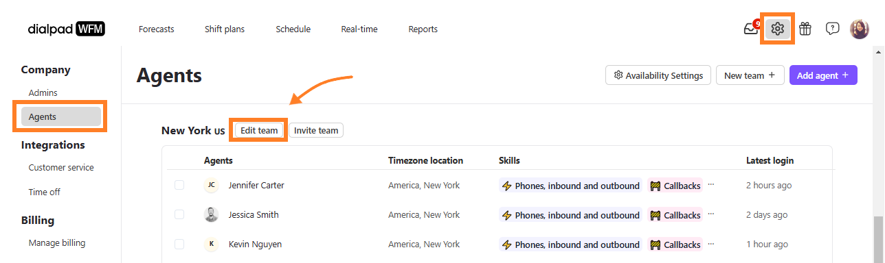 Agents page with orange boxes highlighting the gear icon, the Agents tab, and the Edit team button.