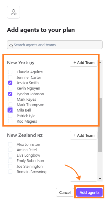 Add agents to your plan panel with orange boxes highlighting selected agent checkboxes and the Add agents button.