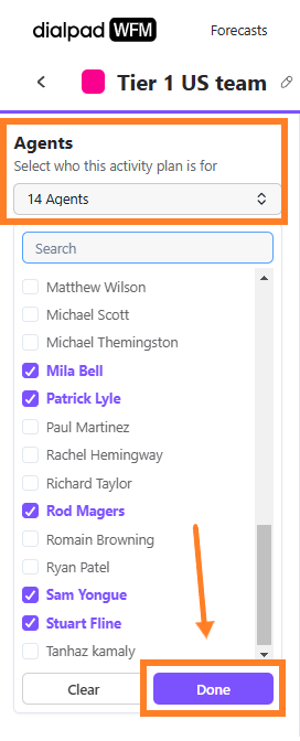 Activity plan settings panel with orange boxes highlighting the Agents drop-down menu and the Done button.