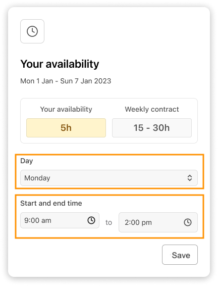 Your availability form with orange boxes highlighting the Day dropdown menu and the Start and end time input fields.