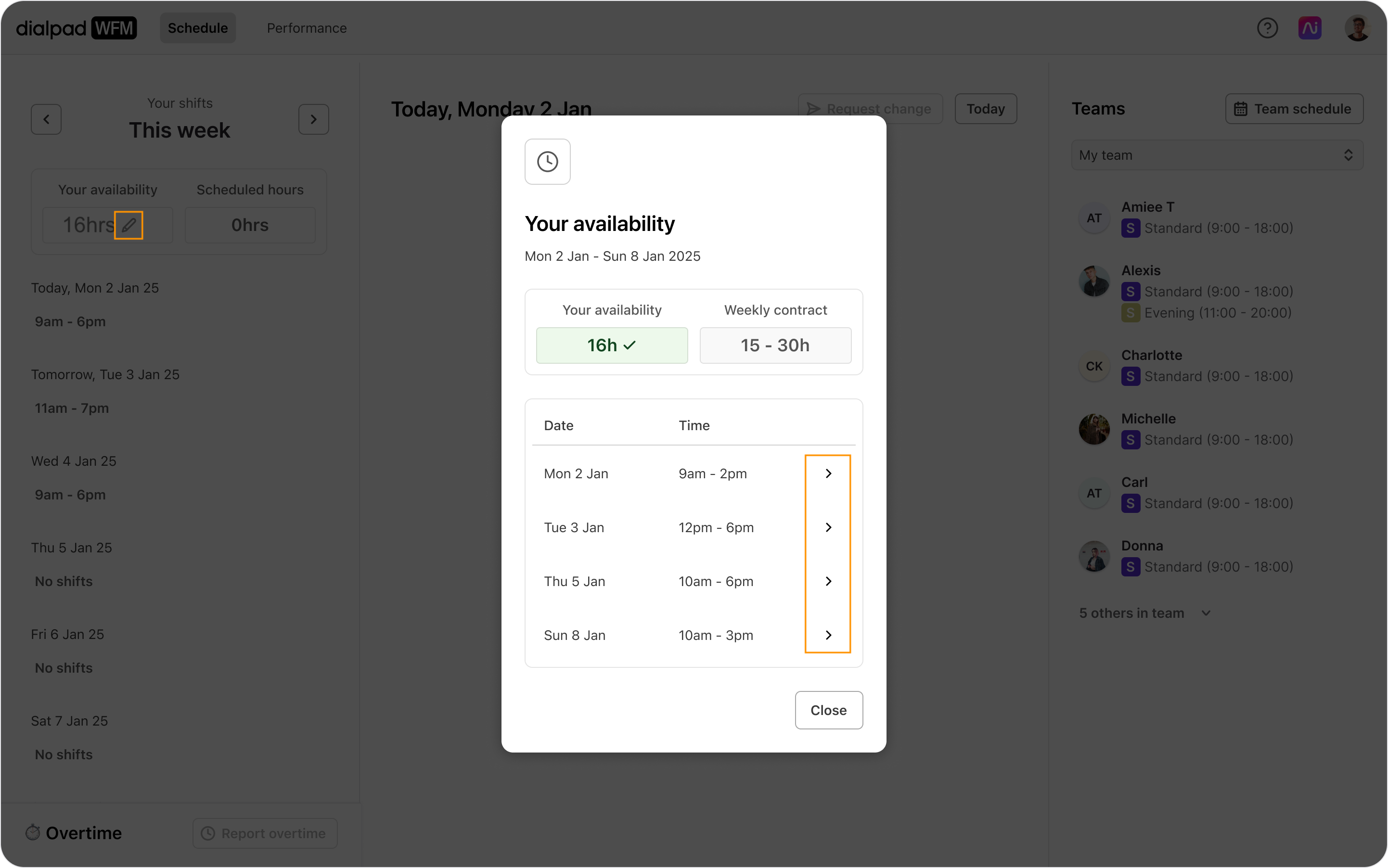 Your availability modal over the schedule view with an orange box highlighting the arrow icons next to the listed dates.