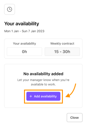 Your availability panel with an orange arrow and box highlighting the Add availability button.