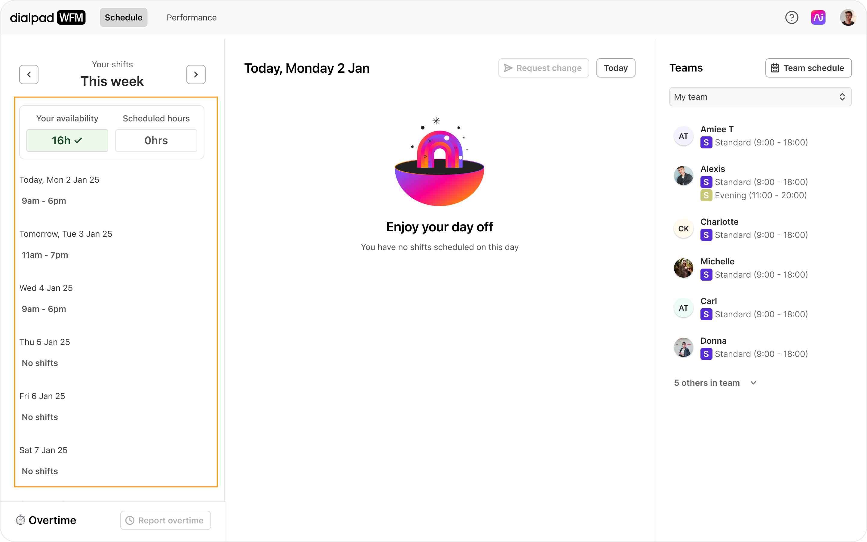 Schedule page with an orange box highlighting the left sidebar displaying updated availability and daily schedule breakdown.