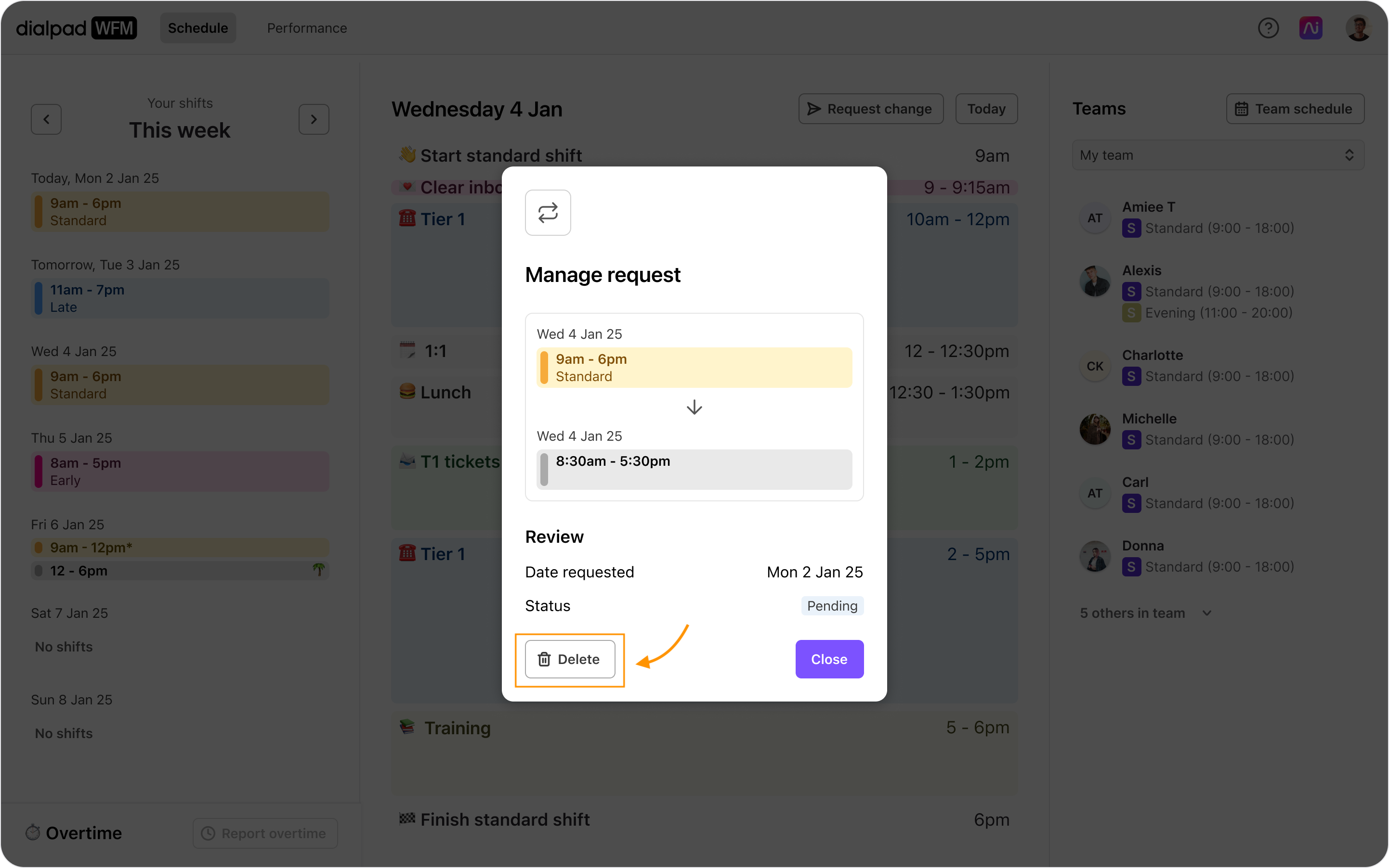 Manage request modal showing shift details and status with an orange arrow highlighting the Delete button.