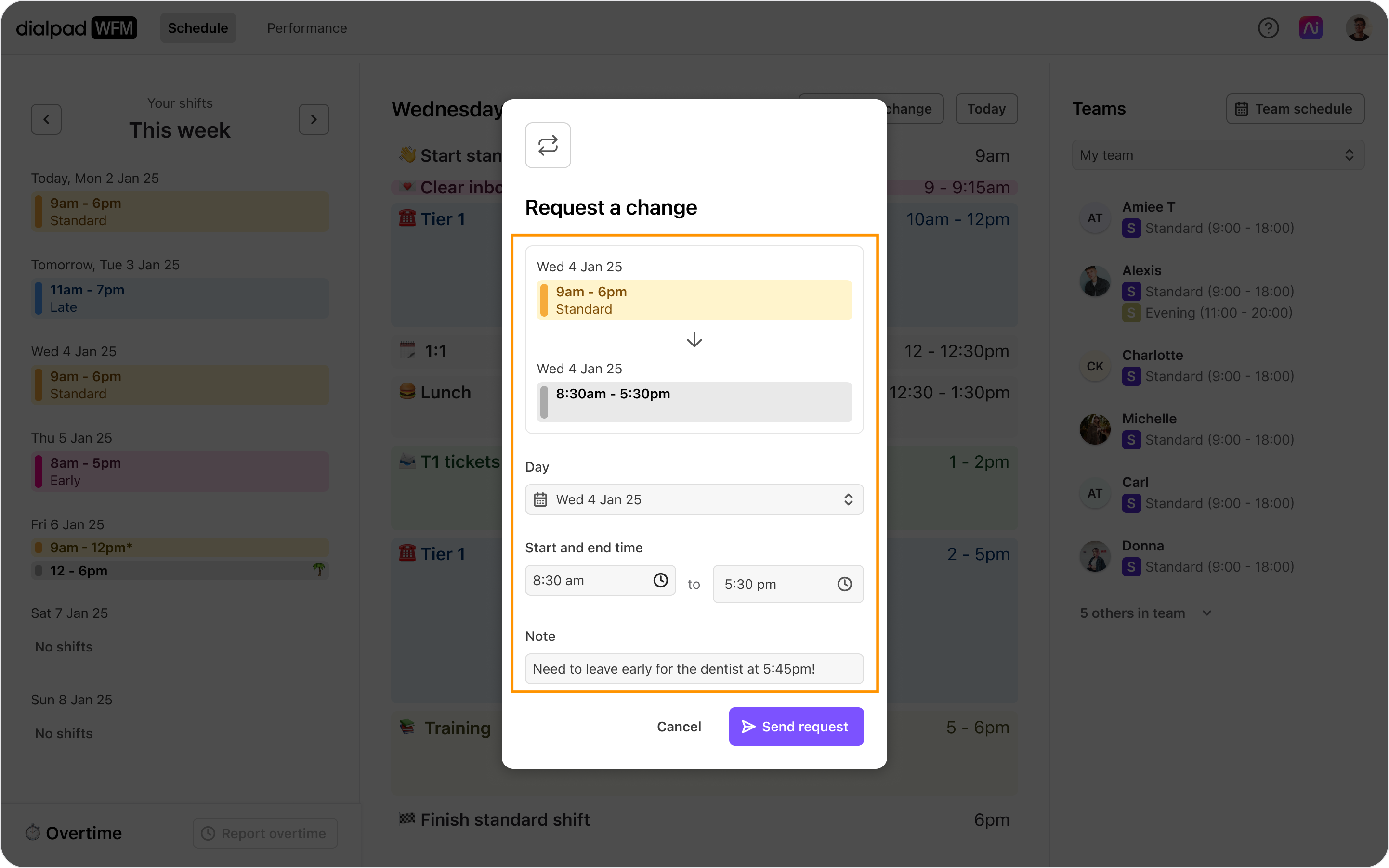 Request a change pop-up modal with an orange box highlighting shift update options, date and time inputs, and the Note field, alongside a highlighted Send request button.