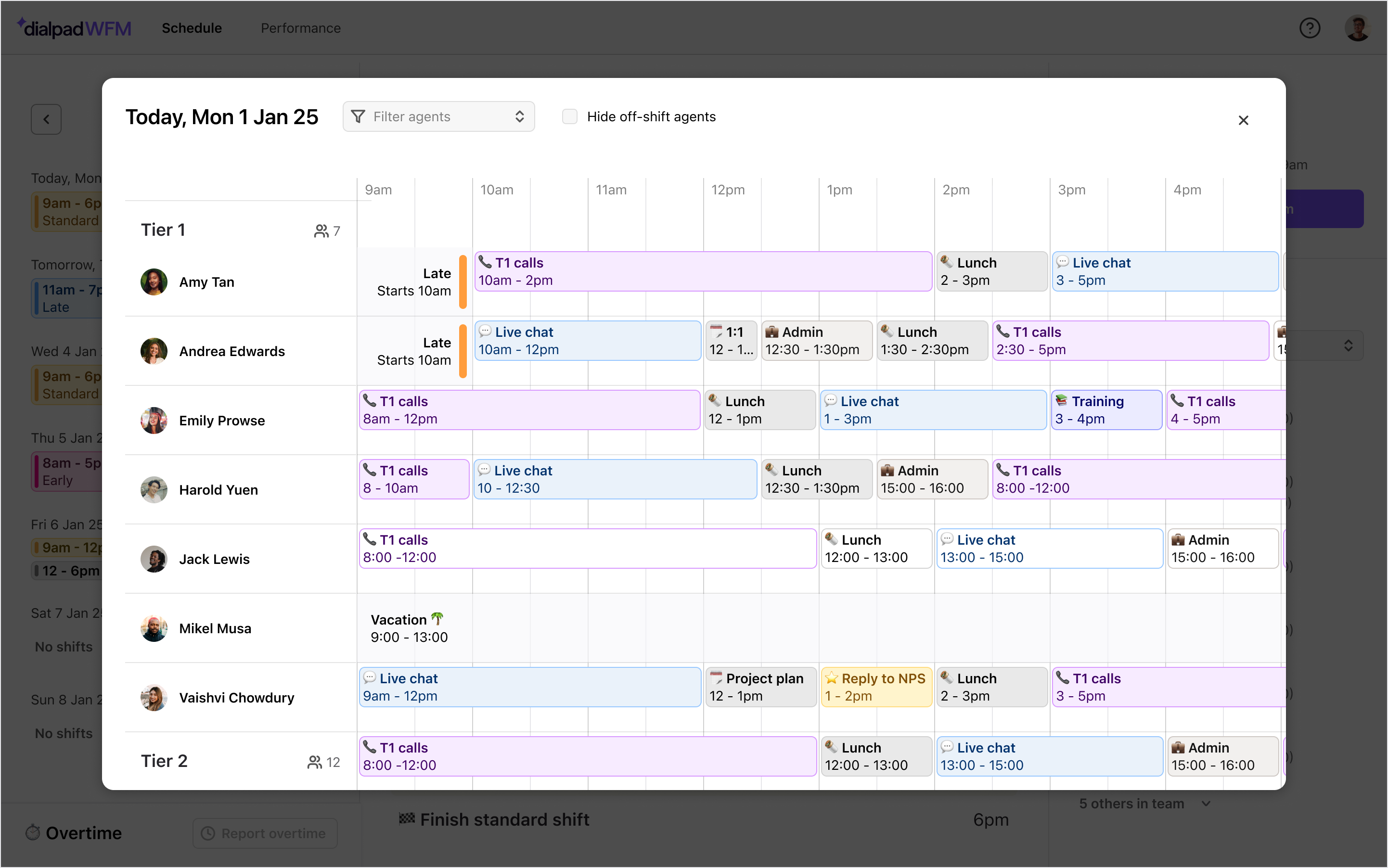 Team schedule pop-up modal displaying a timeline grid view of agent activities across different teams.