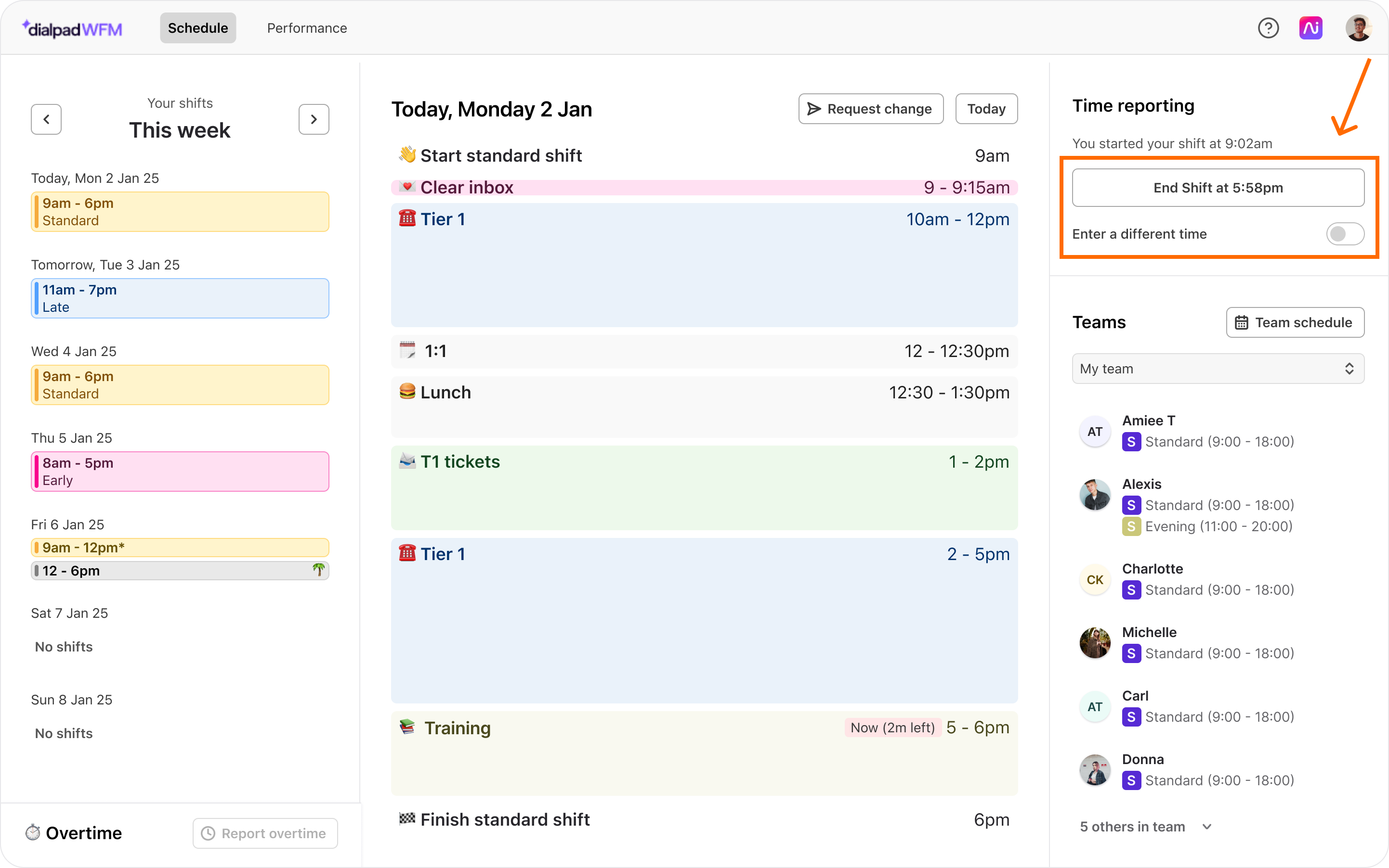 Schedule for January 2, including shifts, meetings, and time reporting details.