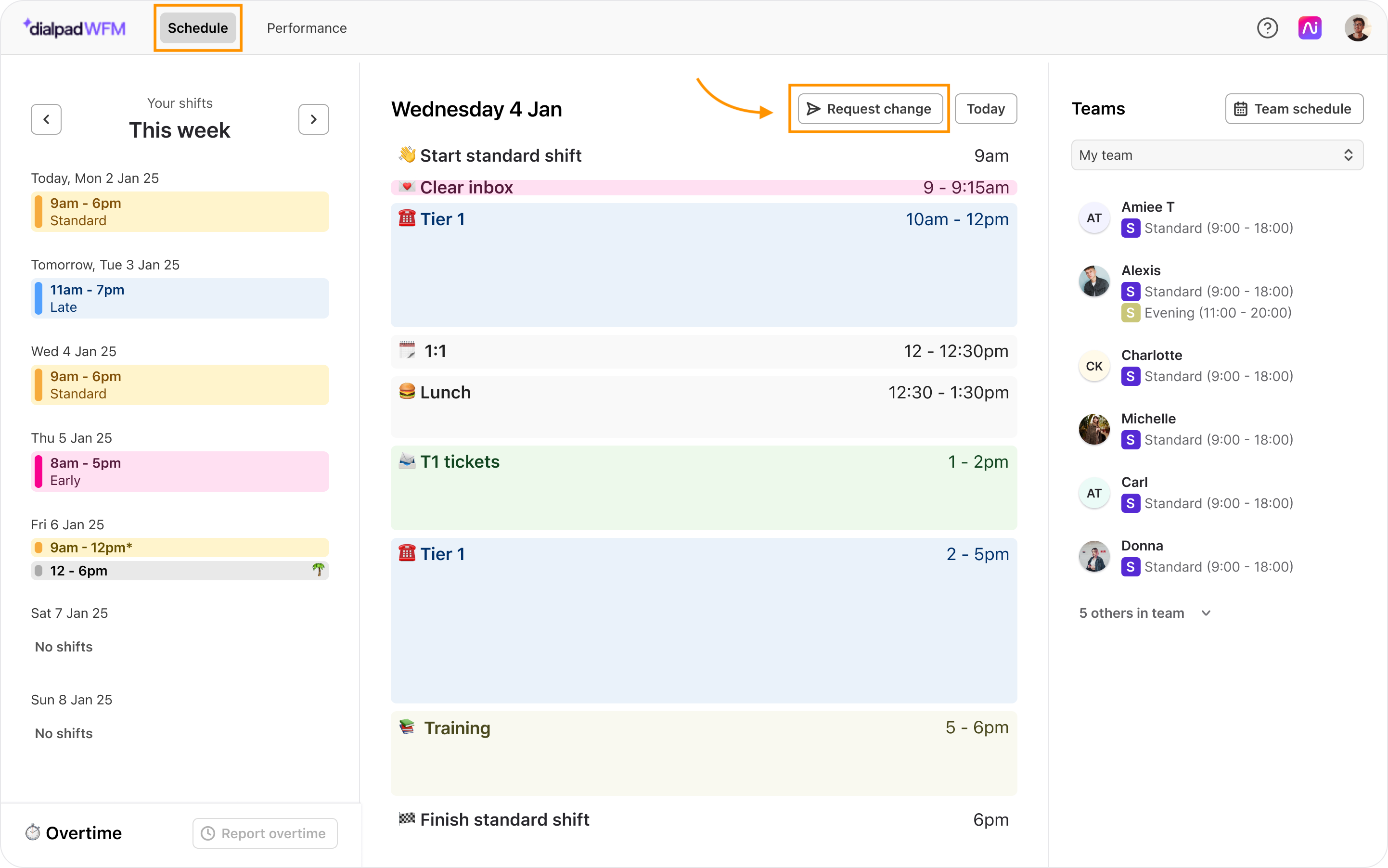 Weekly schedule showing tasks and shifts for January 4, including request change option.
