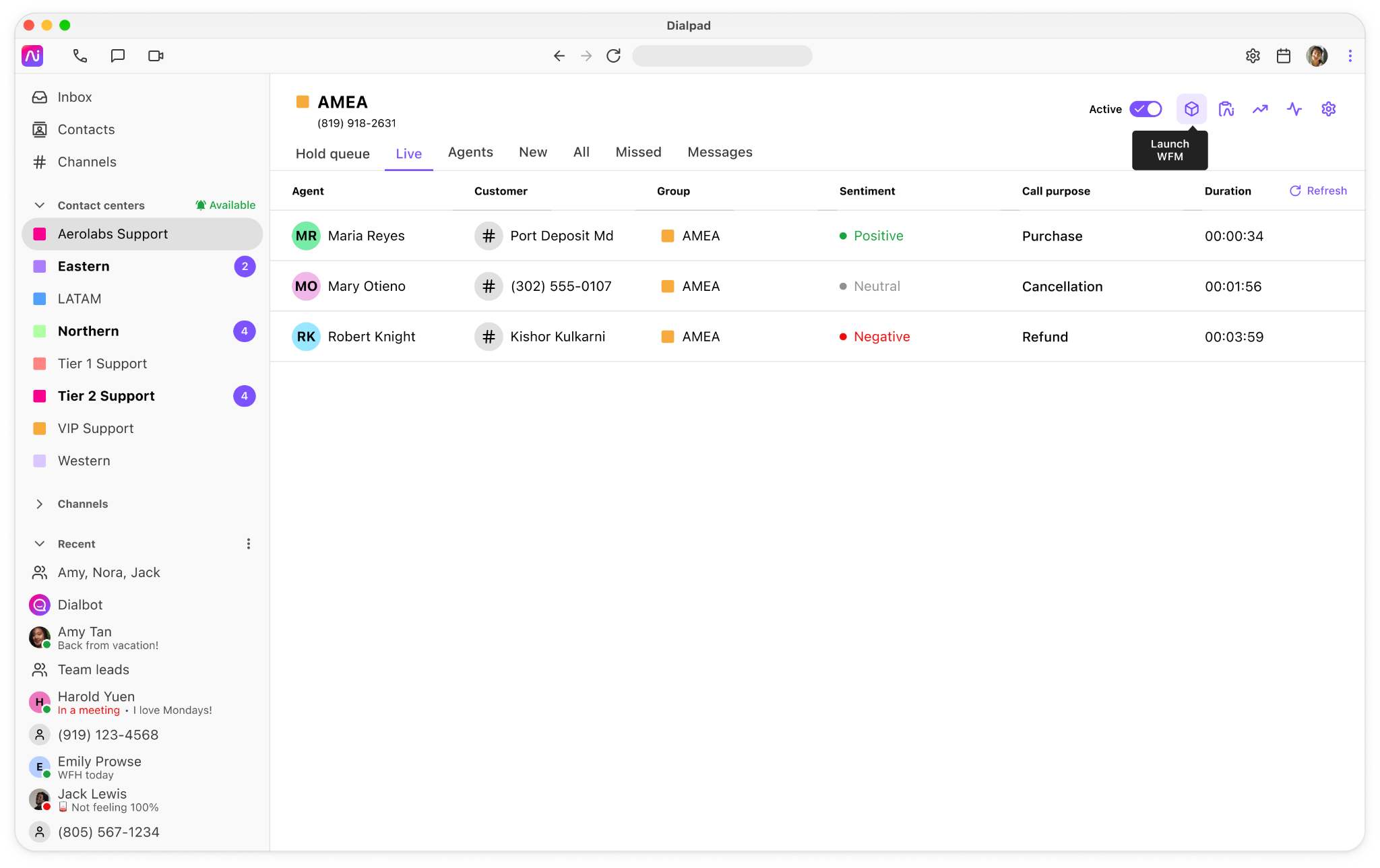 Dialpad Contact Center interface showing the Launch WFM button highlighted in the upper right corner.
