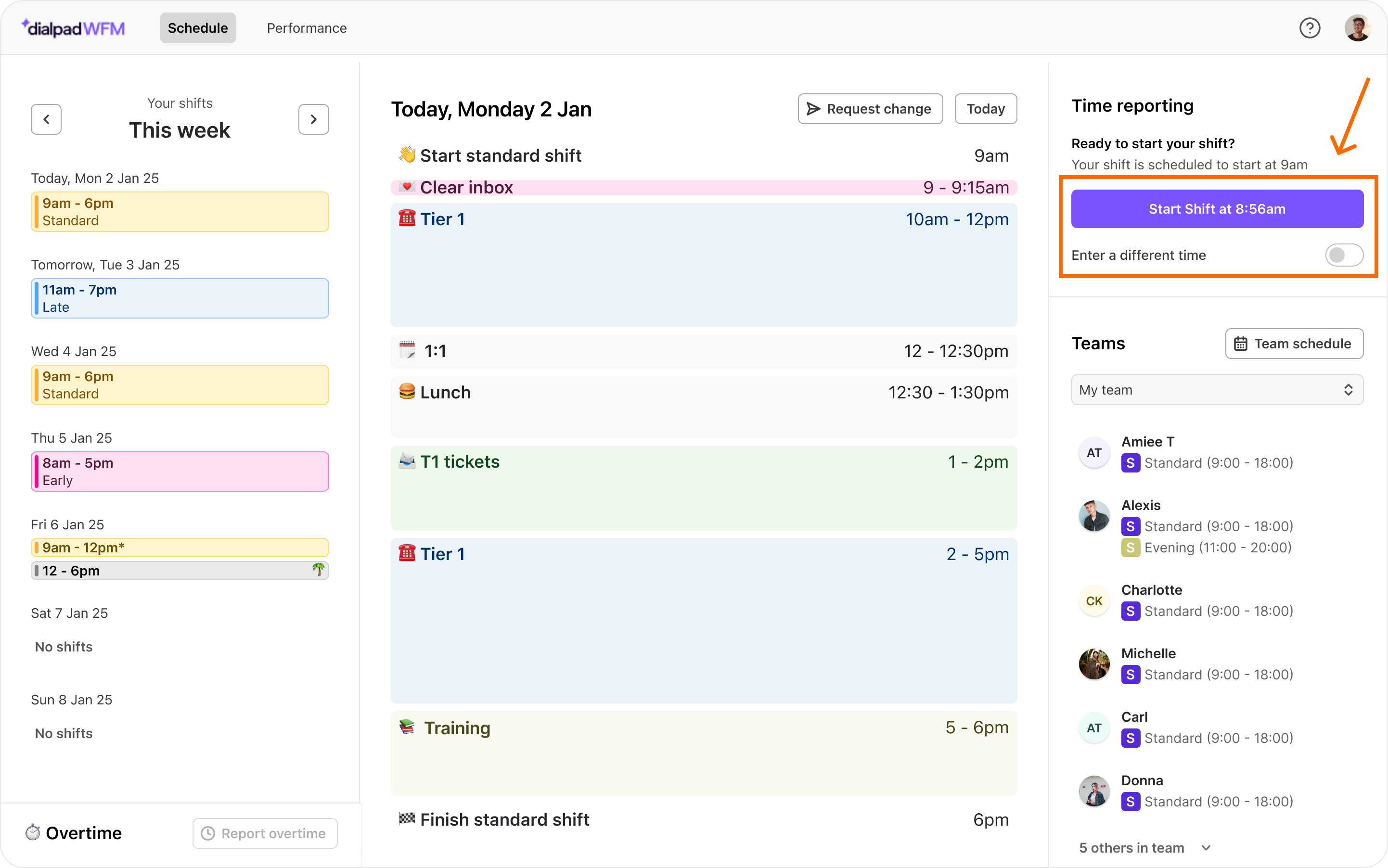 Schedule overview for the week with highlighted start shift time and tasks.