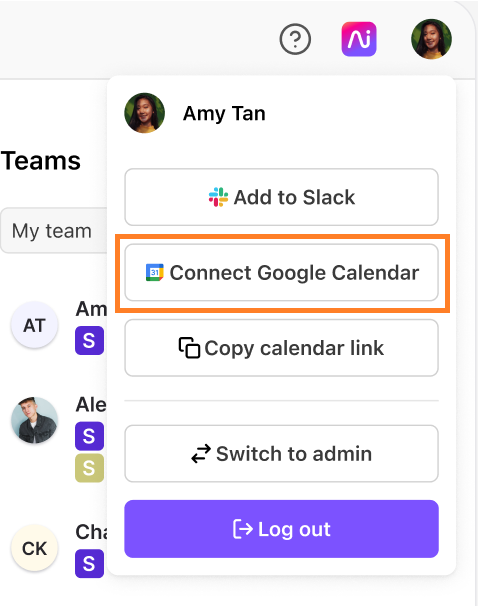 User profile dropdown menu with an orange box highlighting the Connect Google Calendar button.