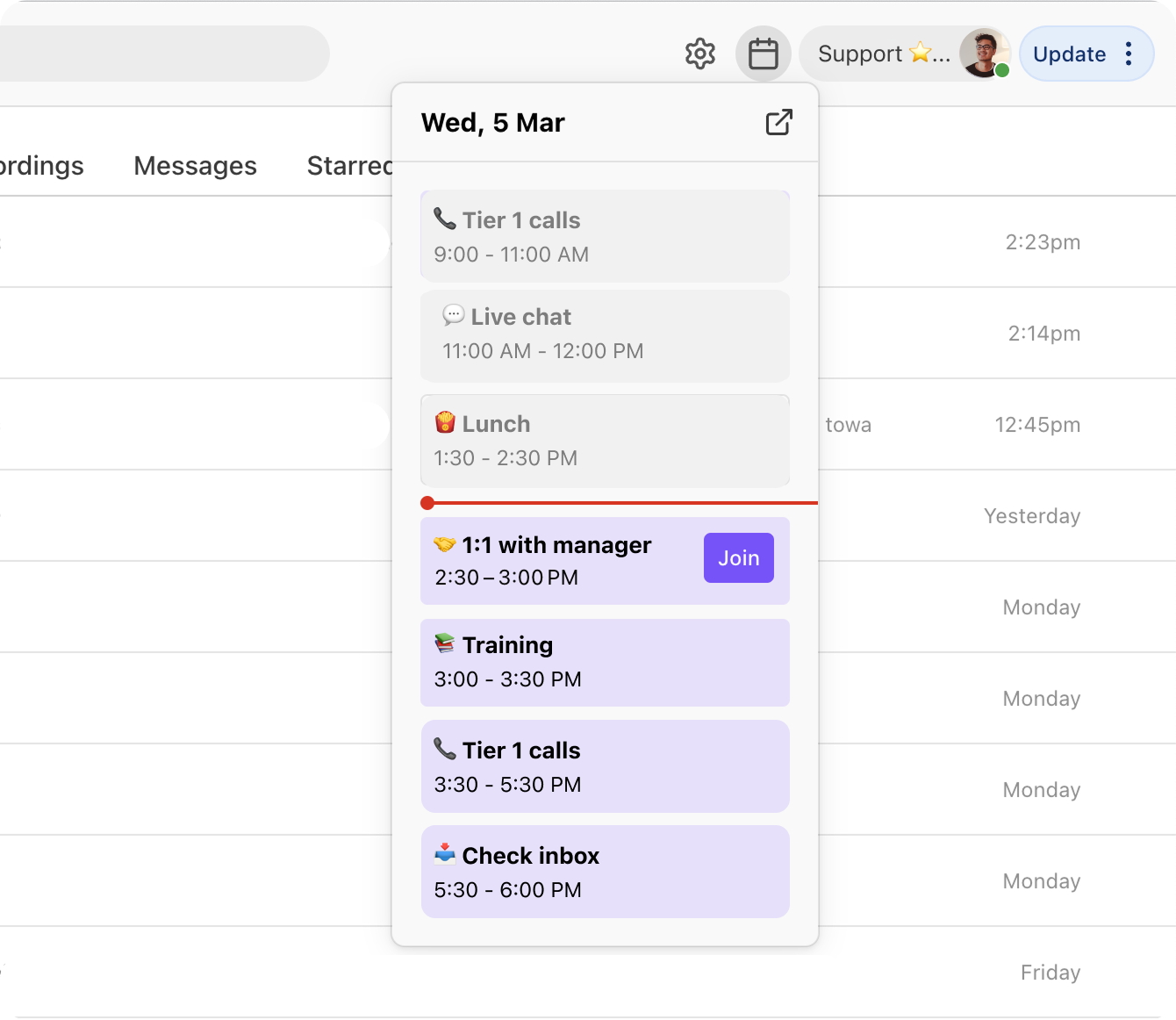 Dialpad app interface displaying an integrated daily schedule dropdown showing synced WFM activities and events.