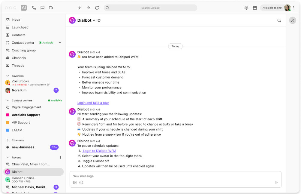Dialbot chat interface within the Dialpad app displaying automated WFM notifications, schedule updates, and instructions on how to toggle updates on or off.