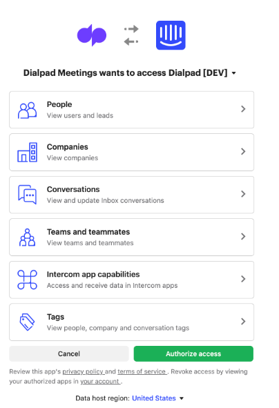 Authorize Dialpad Meetings access in Intercom