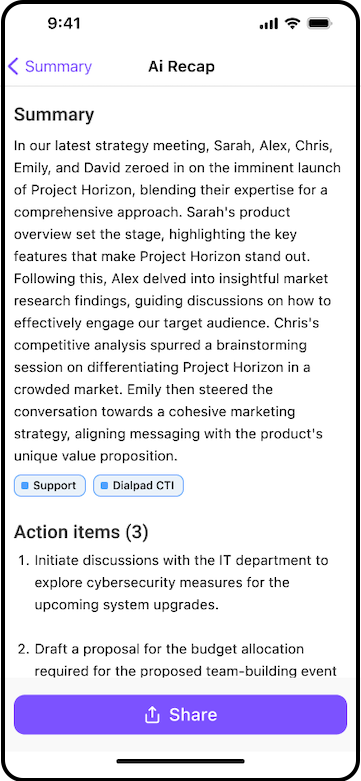 Screenshot of the Dialpad mobile iOS interface displaying an Ai Recap screen, complete with a detailed meeting summary, tagged categories, a list of Action Items, and a purple Share button at the bottom.
