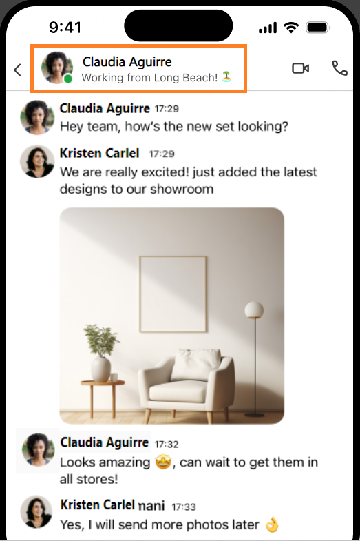Screenshot of a chat view in the Dialpad mobile iOS app, highlighting a green presence icon and custom status message ("Working from Long Beach!") in the top bar above the contact's name and conversation thread.