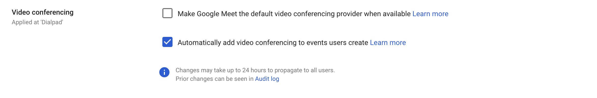 google workspace turn off google meet default